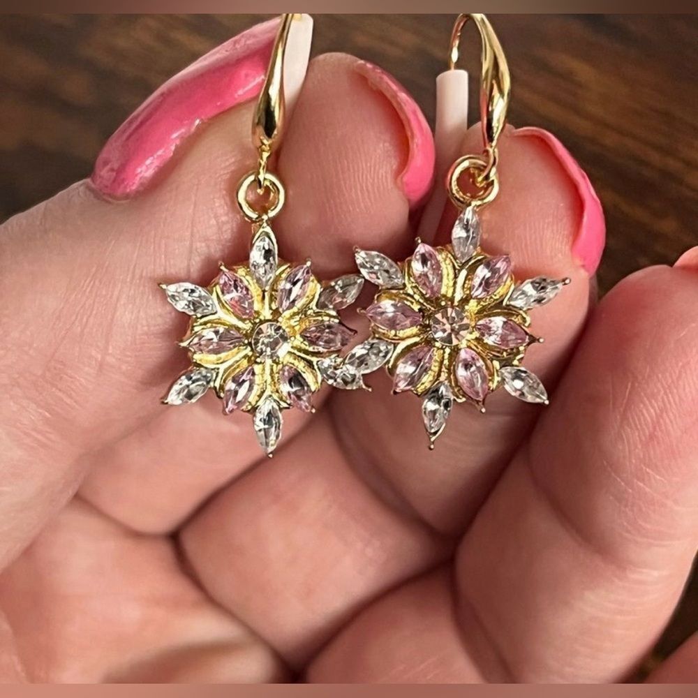 Gold Snowflake Drop Earrings with Pink & Clear Stones